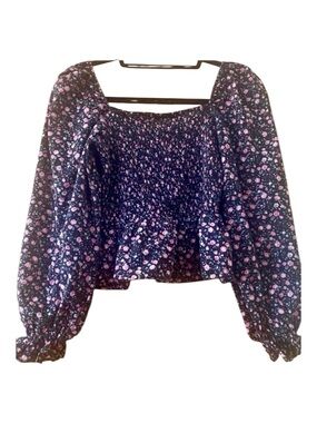 Dizzy Lizzy Floral Smocked Peplum Crop Top Puff Sleeve Large